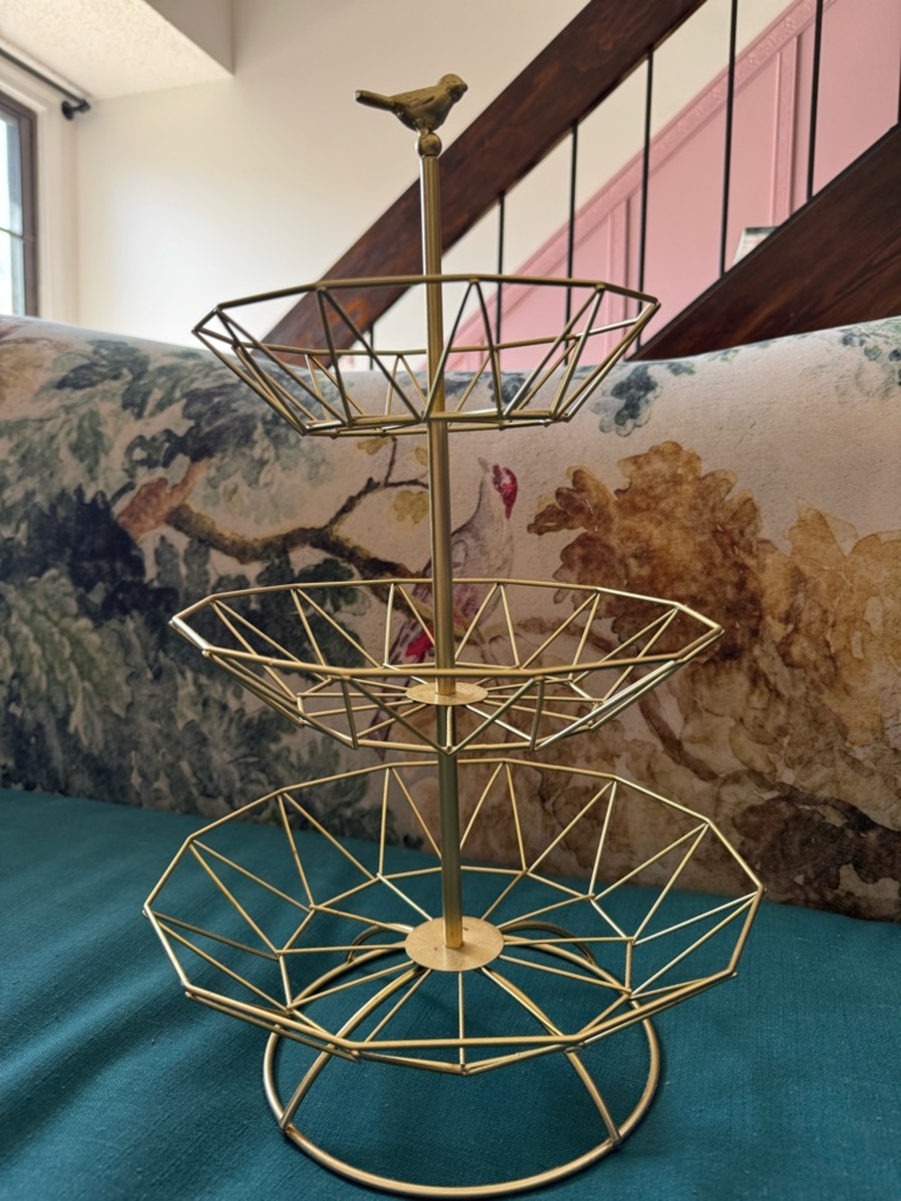 Gold 3-Tiered fruit basket with bird design